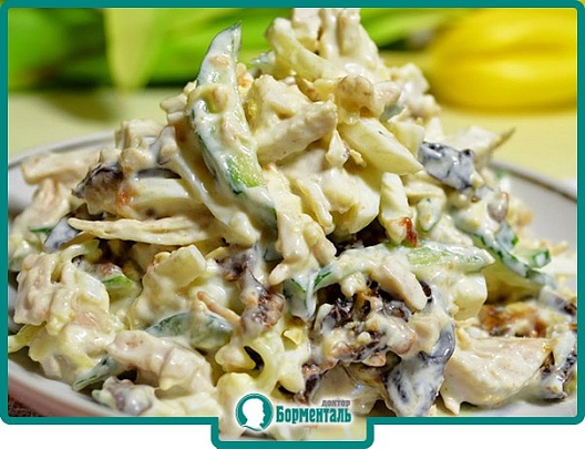 Диетическая карточка «Салат из курицы с черносливом» участников 3-го сезона специального проекта «Я худею!» телеканала НТВ Диетическая карточка «Салат из курицы с черносливом» участников 3-го сезона специального проекта «Я худею!» телеканала НТВ